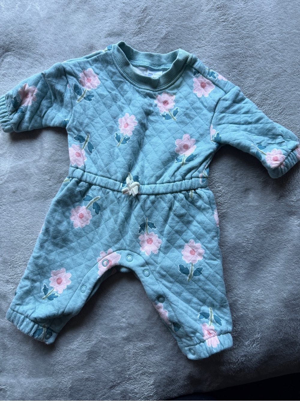 Carter's Quilted Light Teal Baby Romper with Pink Floral Accents